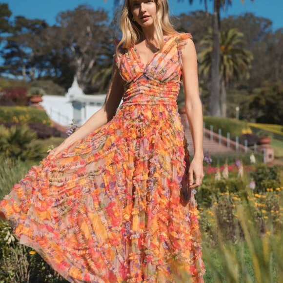 Mac Duggal  Multicolor Floral V-neck Ruffle Maxi Dress   Size 4 - Picture 3 of 9